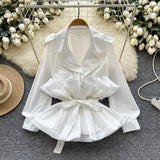 Light Luxury Thousand Gold Wind High-End Suit Collar Shirt Women Autumn Lotus Side Ribbon Belt Design Fried Street Jacket Jacket