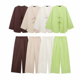 2025 Summer New Women's Casual V-Neck Bow Tie And Suit Top Straight Trousers Set