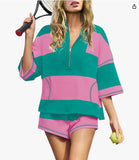 2025 Spring And Summer New Women's Striped Half-Sleeved Oversized Shorts Casual Sportswear Two Sets