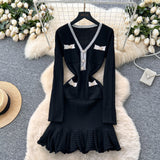 New Autumn/Winter 2025 New Waffle Small Scent Style V-Neck Knitted Dress