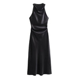 Spring 2025 New Fashion Round-Neck Sleeveless Black Silk-Sense Tidling Dress Woman