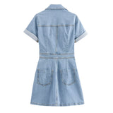 Shirt-Style Denim Skirt 2025 Spring And Summer Roll Sleeves V-Neck Single Buckle High Waist Repair A-Word Mini Dress Woman