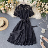 French Retro Famous Style Temperament Dress Heart Lace Short-Sleeved Dress Women's Summer Dress