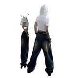 High Street Vintage Blue Straight Jeans Men And Women Loose-Hanging Feel To Do Old Fashion Broad-Legged Drag Pants Tide
