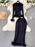 French High-End Small Fragrant Style Two Sets Of Women's Atmosphere Knitted Open Fork Shirt T-Shirt