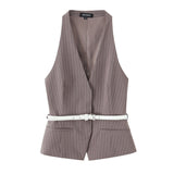 Temperament With Belt Striped Set 2025 Spring V Collar Vest High-Waisted Trousers Woman