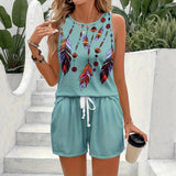 Wish Summer New Feather Printed Casual Fashion Round-Neck Shorts Set For Women