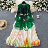 High-End Elegant Dress Women Fashion Nail Ball Collar Hollow Pressure Folding Lantern Sleeves To Print Long Skirt