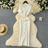 Elegant Little Scent Retro V-Neck Metal Single-D Row Buckle Slimming Temperament Knitted Dress Spring