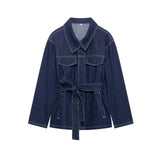 Spring 2025 New Women's Belt Denim Jacket + Straight Trousers Set