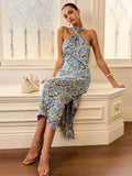 2025 New Women's Holiday Style Hanging Neck Sling Skirt French Temperament Print Dress