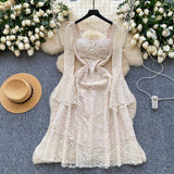 French High-End Heavy Industry Nail Drill Three-Dimensional Flower Square Collar Horn Sleeves To Close The Waist Hollow Lace Dress 20