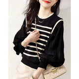 Fake Two French Knitted Women's New Long-Sleeved Retro Fashion Stripe Sweater Tops In Autumn/Winter 2025
