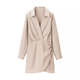 Side Wrinkled Dress 2025 Spring And Summer Shirt Style Long-Sleeved V-Neck High Waist Repair Short Mini Skirt