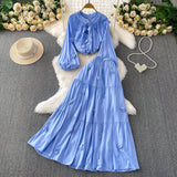 Gentle Style Pink Three-Dimensional Flower Collar Lantern Sleeve Shirt Lady Autumn High-Rise Dress Set