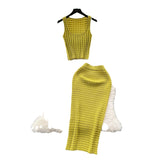 Hong Kong Style Retro Hottie Suit Women's Summer Short Vest Top With High Waist Half Skirt Knit Two Sets