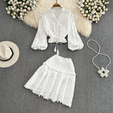 Vintage Temperament V-Neck Hollow Embroidered Lantern Sleeve Short Shirt Women Two Sets Hit High Waist Thin Word Half Skirt