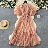 Oceanish Lantern Sleeve Strap With Waist Single Buckle Dress + Inside The Sling Dress Suit