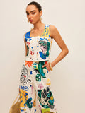 New Women's Fashion Print Wide Leg Trouser Vest Casual Fashion Two-Piece Set