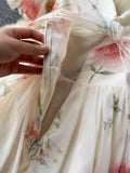 French One-Word Shoulder-Sling Sling Dress Woman Gentle Wind Chopped Flower Bubble Sleeve Yarn Fairy Dress 1956