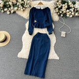 Spring New Retro Suit Female Lace Doll-Collar Denim Jacket + Medium And Long Bag Hip Skirt Two-Piece