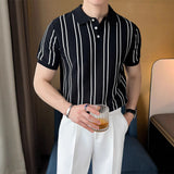Fashion Summer High-End Short-Sleeved Men's Fashion Brand Striped Collar Ice Silk Knitted Half-Sleeved T-Shirt For Men