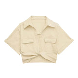 Summer 2025 Color Elastic New Women's Knot Short Shirt Linen Blend