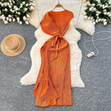 Three-House Folded Dress Design Irregular Lotus Leaves Side To Receive Waist Repair Bright Silk Pressure Folds