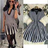 French-Style Retro-Necked Short-Sleeved Striped Knitted Dress Female Waist Temperament Thin A-Word Dress