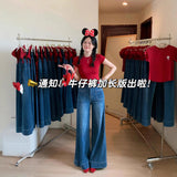 Vintage Blue Hanging Horn Jeans Women Spring And Autumn Small High-Waisted Loose Broad Legs Long Trousers