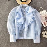 French Court Style Super Fairy Collar Layer Lotus Edge Eugen Yarn Perspective Single Buckle Shirt Female Gas Top
