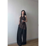 Fashion Temperament Collar Hanging Neck Vest Top Fashion Loose Feeling Loose Wide Legs Casual Pants Women Two Sets