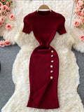 Korean Version Of The Solid Color Collar Buckle Body Short Sleeve Elastic Knitted Forked And Left-Sleeved Dress 0022