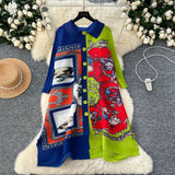 Three-House Folded Dress Women's Autumn 2025 Retro Collar Long Sleeves Loose A-Word Printing Skirt