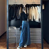 Hong Kong Style Retro Blue A Word Big Horn Jeans Women Autumn And Winter High-Waisted Loose Lazy Feet Long Pants