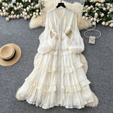 French Elegant Temperament Dress Female Heavy Industry Hot Diamond Lace To Receive Waist Thin Lantern Sleeves Side Dress