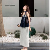 Design Sense Of The Color Stripe Splicing Sleeveless Sling Vest A Set Of Top Women Loose Thin A Word Half-Body Skirt Suit