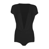 2025 Spring And Summer New Women's Pure Color Sexy Dark V Collar Design Folded Hottie Short-Sleeved Jumpsuit Woman