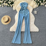 Spring And Summer Ins Heavy Industry Three-Dimensional Flowers Sleeveless Breasts To Close The Waist Of The Denim Jump Trousers Trousers Trousers Woman