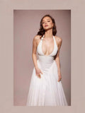 2025 Spring And Summer French Name Deep V-Neck Sexy Hanging Neck Tie Splicing Pressure Folded Waist Thin Sweet Dress