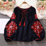 Tourist Vacation Retro National Style Embroidery With Esopre V-Neck Lantern Sleeve Shirt Shirt Women Loose Tide