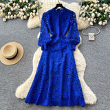 Advanced Sense Of Elegant Lace Dress 2025 New Hollow Hooks Waist Lantern Sleeves Waist Waist Dress Dress
