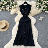 Small Fragrant High-End Round-Neck Sleeveless Metal Buckle Slimming Knitted Dress Woman 2025 New Summer