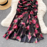 2025 New Light Luxury Chiffon Print Dress Temperament Lotus Side Fishtail Dress Female Dress Thin