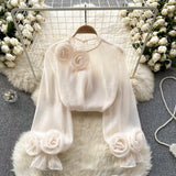 French Shirt Female Design Sense Small Three-Dimensional Flower Bubble Sleeves To Reduce The Age Of Pure Color Chiffon Shirt Women's Long-Sleeved Top