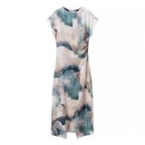 Women's New Fashion Round Collar A Twill Section Tie-Dye Silk-Stained Texture Dress