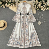 Spring Dress New Retro Print Collar Collar Horn Sleeve Dress Women's Single Buckle Large Irregularly Folded Long Skirt