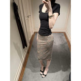 Oceanic Clothes Women 2025 New Temperament Square Collar Short Sleeve Tops Thin Bag Hip Skirt Skirt Skirt Half-Body Skirt