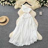 2025 Spring New French Atmosphere Temperament Hollow Exposed Waist Thin Shoulder Irregular Chiffon Dress Woman