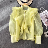 French Court Style Super Fairy Collar Layer Lotus Edge Eugen Yarn Perspective Single Buckle Shirt Female Gas Top